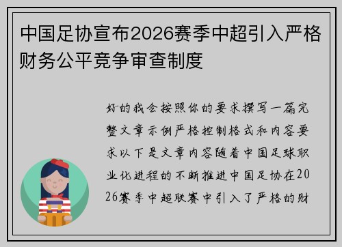 中国足协宣布2026赛季中超引入严格财务公平竞争审查制度