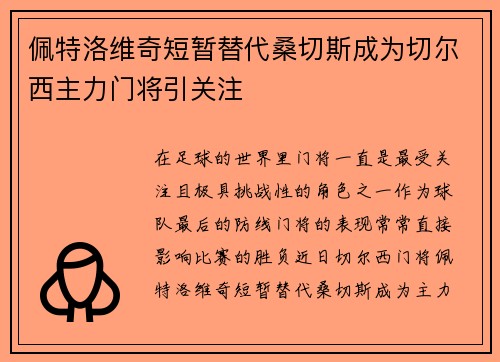 佩特洛维奇短暂替代桑切斯成为切尔西主力门将引关注