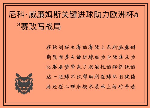 尼科·威廉姆斯关键进球助力欧洲杯决赛改写战局